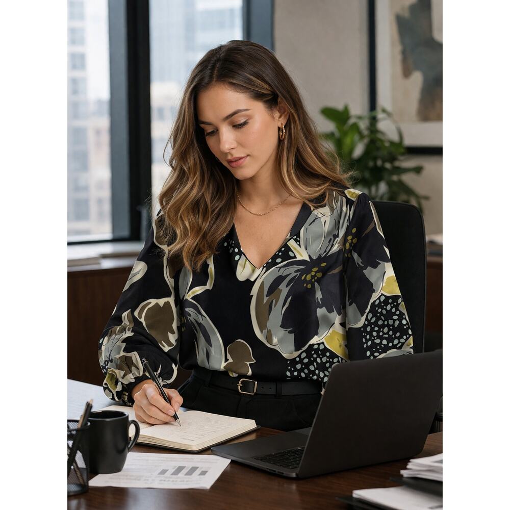 Lafayette 148 New York 100% Silk Blouse Women XS Floral V Neck